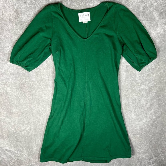 Anthropologie Dress Womens XS Velvet by Graham&Spencer Green Puff Sleeve Mini - Picture 5 of 7